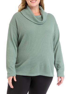 Yogalicious Women's Plus Size Long Sleeve Brushed Waffle Cowl Neck Top, Green, 3X