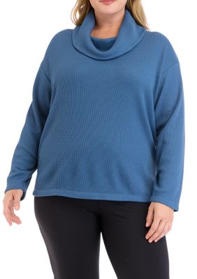 Yogalicious Women's Plus Size Long Sleeve Brushed Waffle Cowl Neck Top