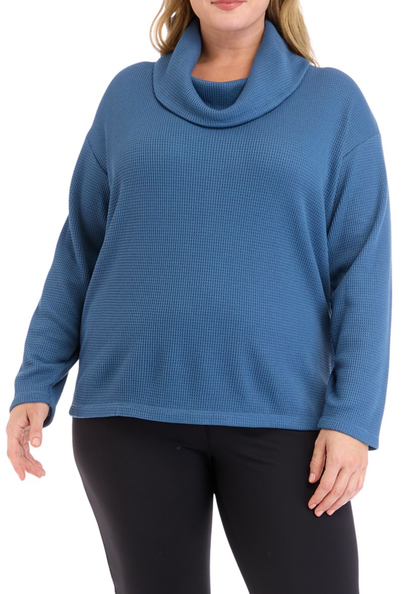 Plus Size Long Sleeve Brushed Waffle Cowl Neck Top