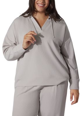 Yogalicious Women's Plus Size Scuba Rib V-Neck Pullover Hoodie, 3X