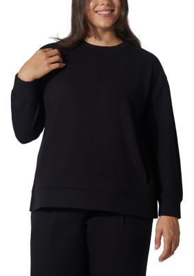 Yogalicious Women's Plus Size Scruba Rib Crew Pullover, Black, 3X