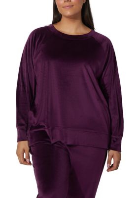 Yogalicious Women's Plus Size Velour Sophie Sweatshirt with Side Detail, Black, 3X