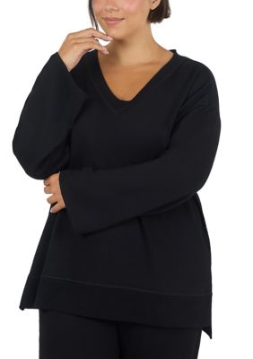 Yogalicious Women's Plus Size Modal Terry V-Neck Sweatshirt, Black, 3X