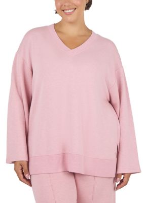 Yogalicious Women's Plus Size Modal Terry V-Neck Sweatshirt, Mauve, 3X