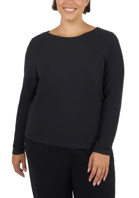 Yogalicious Women's Plus Size Rib Boat Neck Long Sleeve Top, Black, 3X