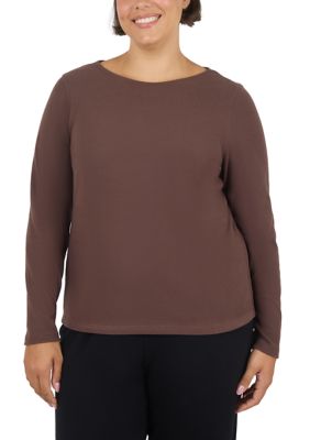 Yogalicious Women's Plus Size Rib Boat Neck Long Sleeve Top, 3X
