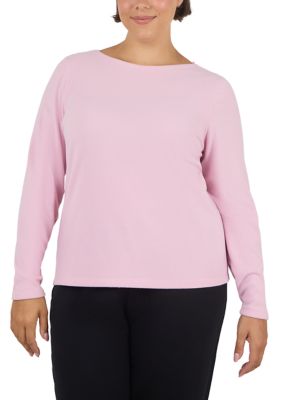 Yogalicious Women's Plus Size Rib Boat Neck Long Sleeve Top, Mauve, 3X