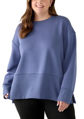 Yogalicious Women's Plus Size Lexa Sandwash Scuba Sweatshirt, Blue, 3XL