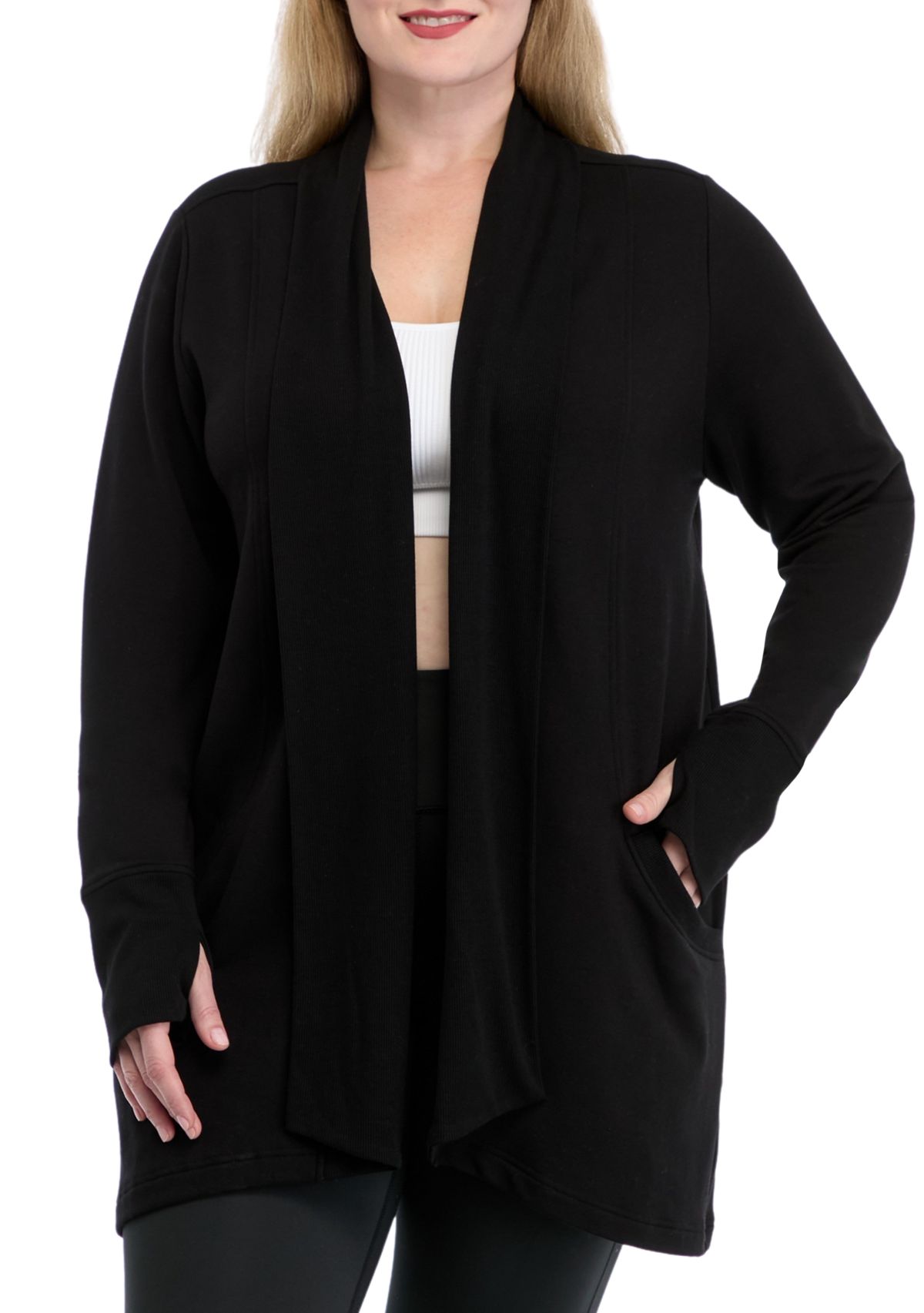 Plus Size Long Sleeve Brushed Terry Ribbed Cardigan 