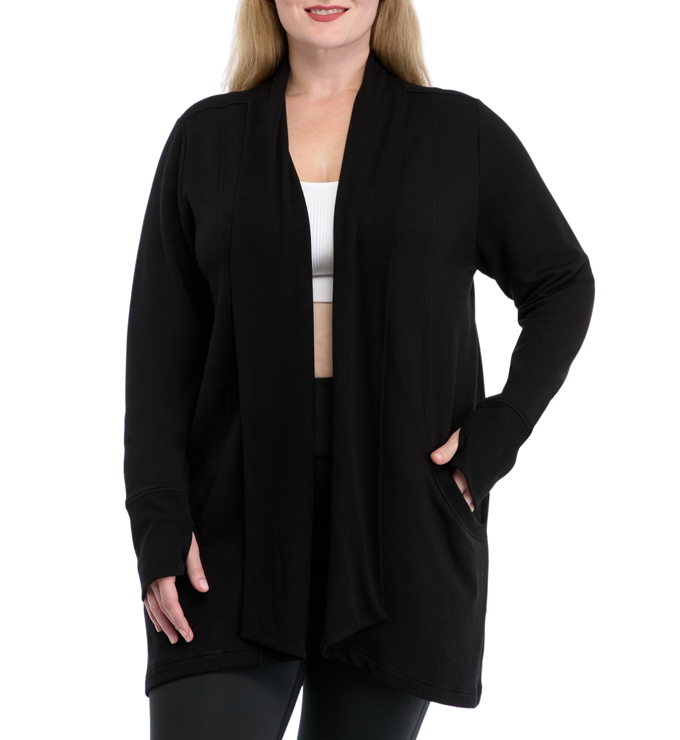 Plus Size Long Sleeve Brushed Terry Ribbed Cardigan 