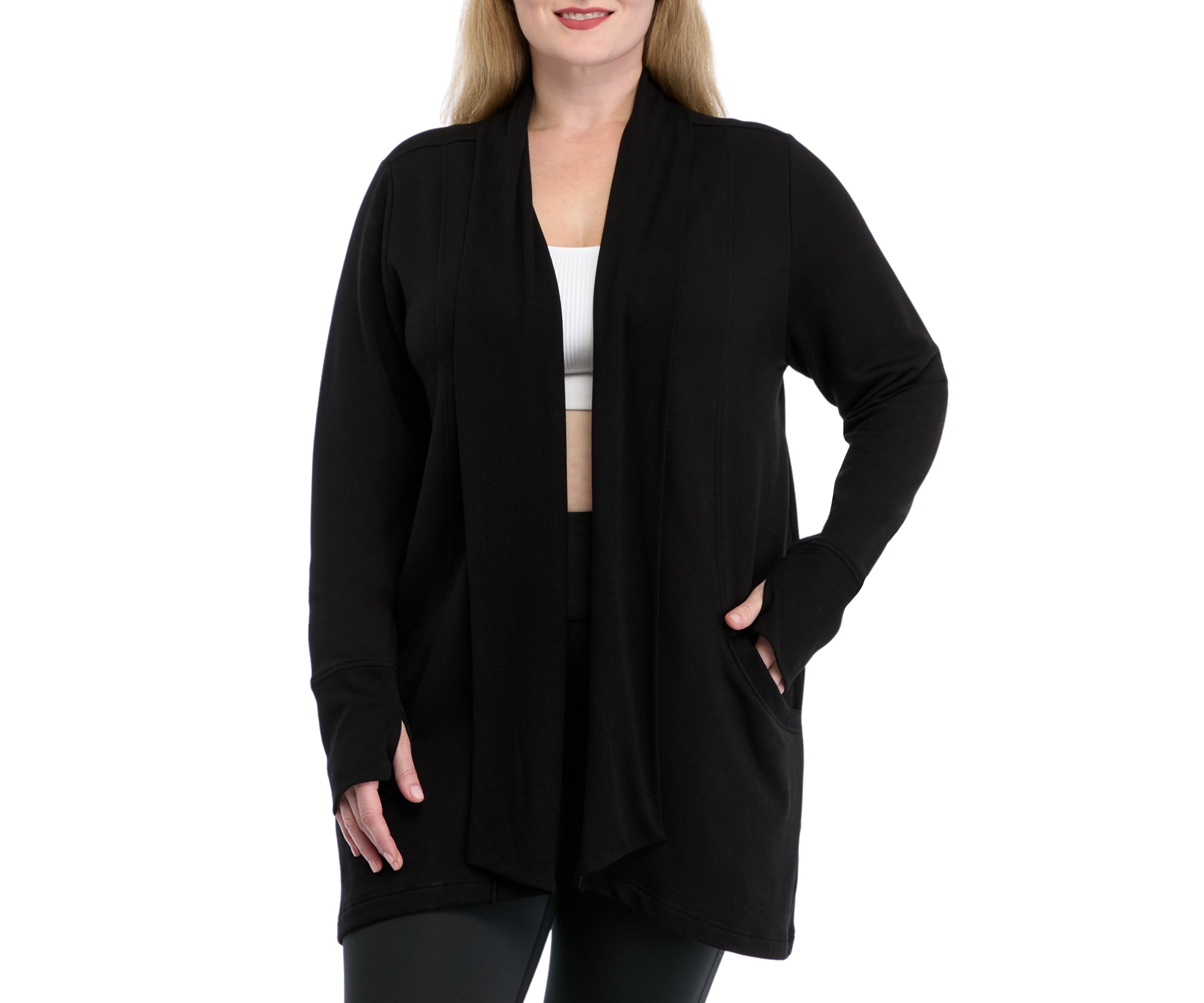 Plus Size Long Sleeve Brushed Terry Ribbed Cardigan 