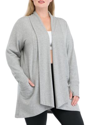 Yogalicious Women's Plus Size Long Sleeve Brushed Terry Ribbed Cardigan, 3X