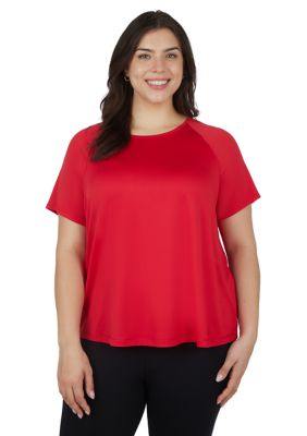 Yogalicious Women's Plus Size Crew Neck Raglan Tessa T-Shirt, Red, 3X