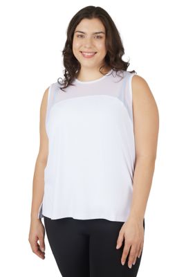 Yogalicious Women's Plus Size Synergy Mesh Tank Top with Side Slits, White, 1X