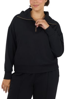 Yogalicious Women's Plus Size Softlite Scuba Rib Mix Half Zip Hoodie