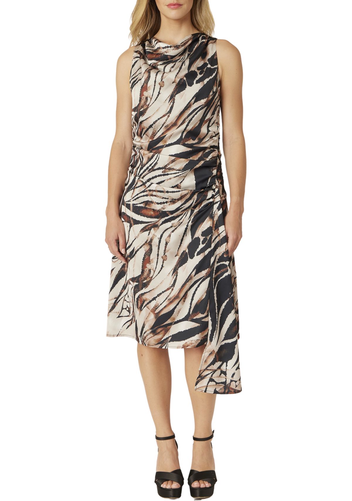 Womens Side Ruched Asymmetrical Tiger Print Satin Dress