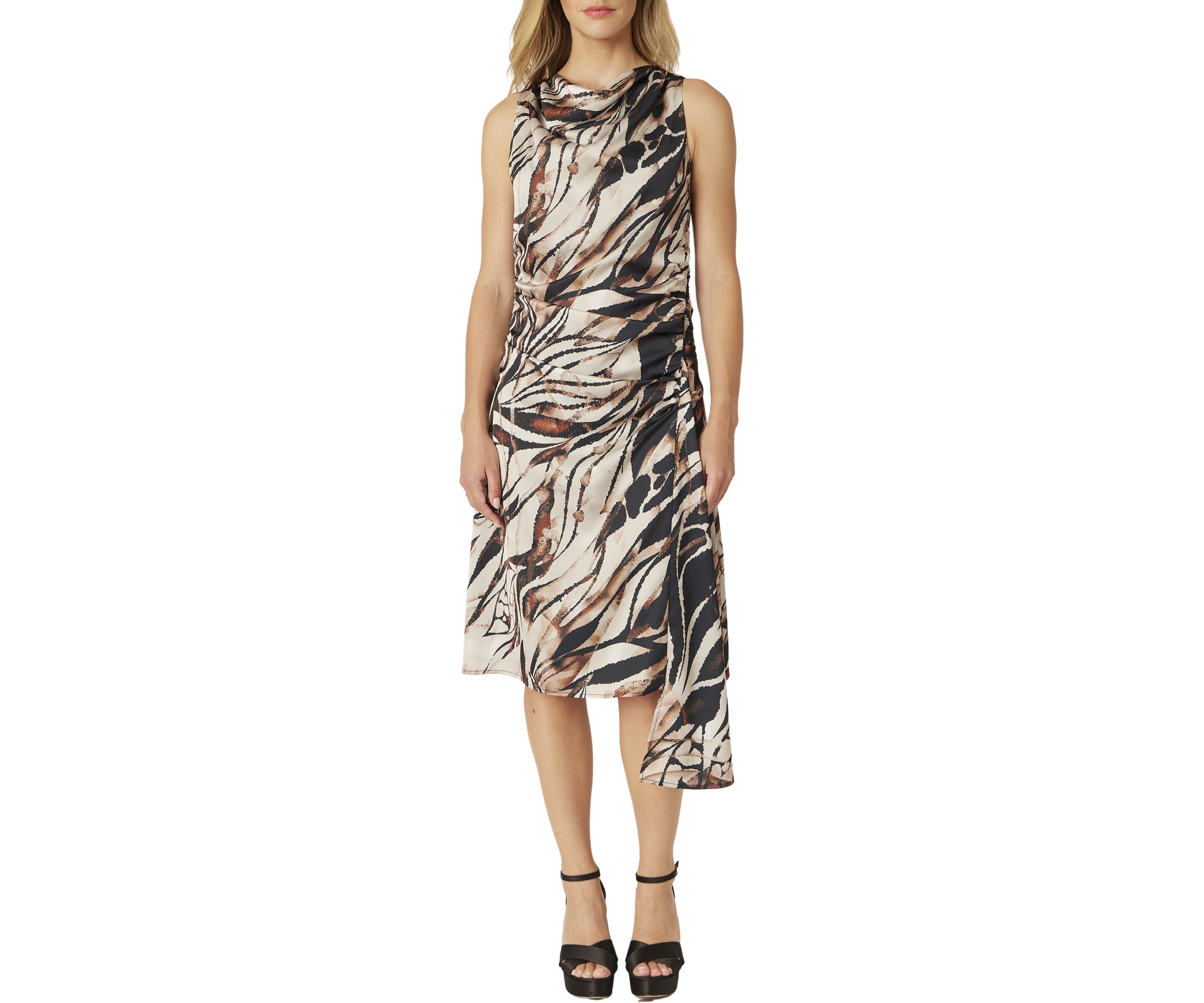 Womens Side Ruched Asymmetrical Tiger Print Satin Dress