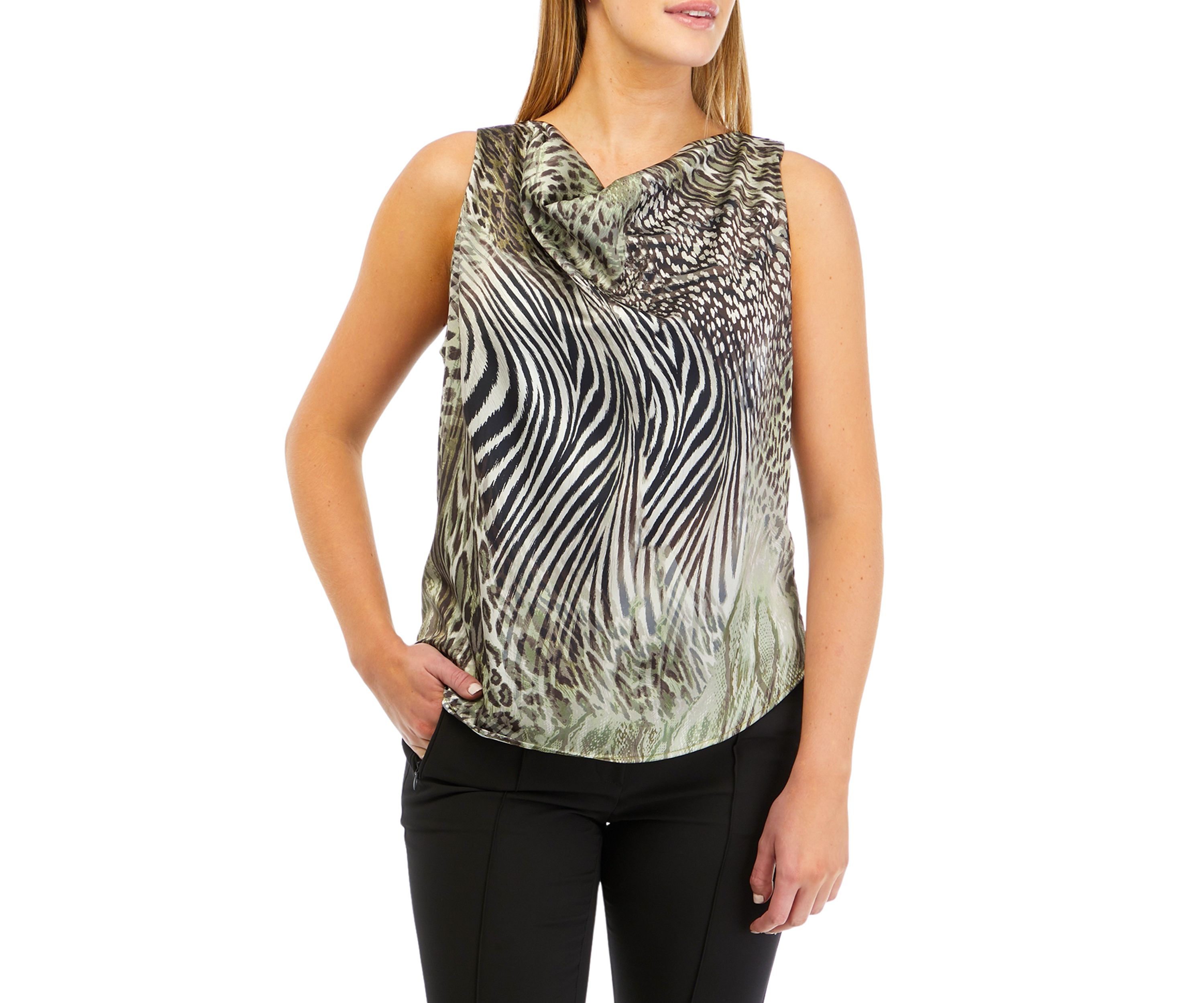 Womens Sleeveless Tiger Print Cowl Neck Satin Blouse