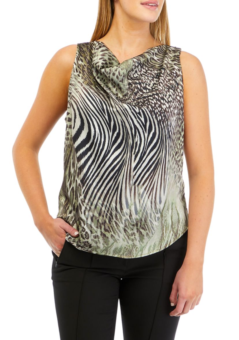Womens Sleeveless Tiger Print Cowl Neck Satin Blouse