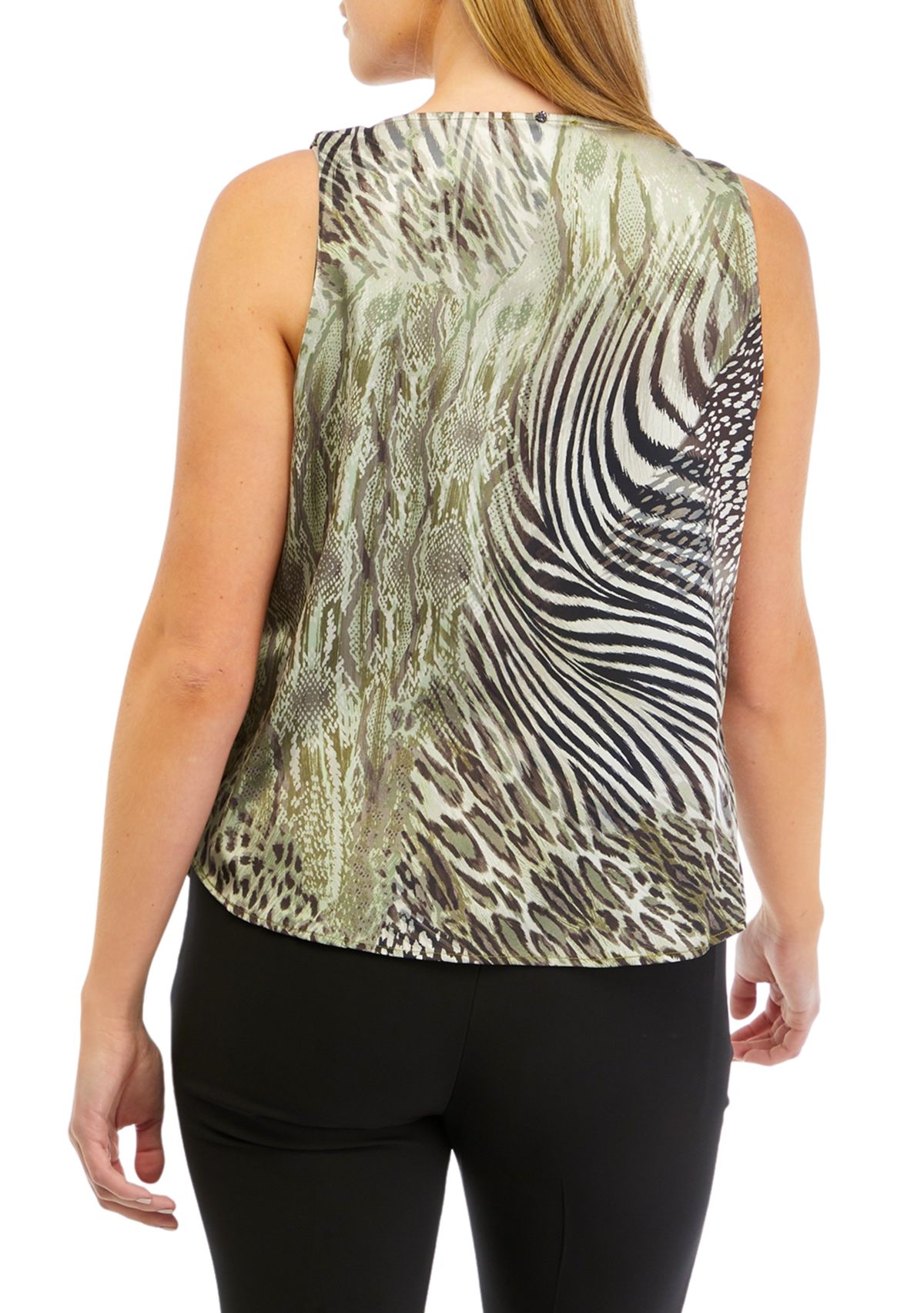 Womens Sleeveless Tiger Print Cowl Neck Satin Blouse