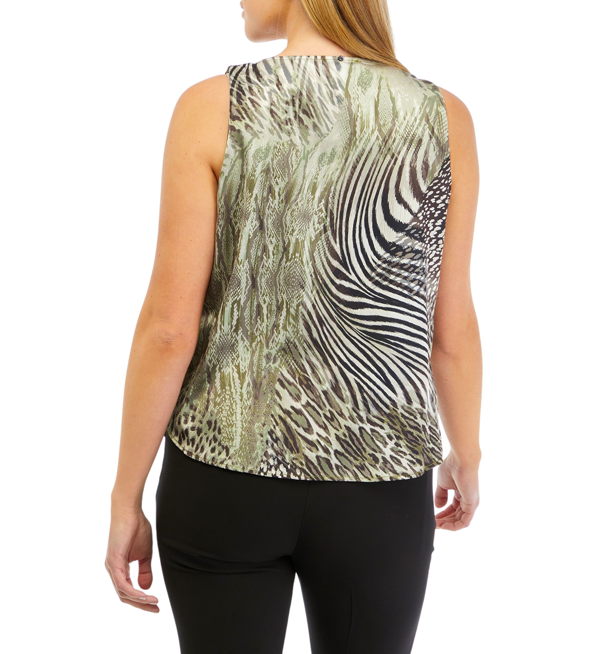 Womens Sleeveless Tiger Print Cowl Neck Satin Blouse