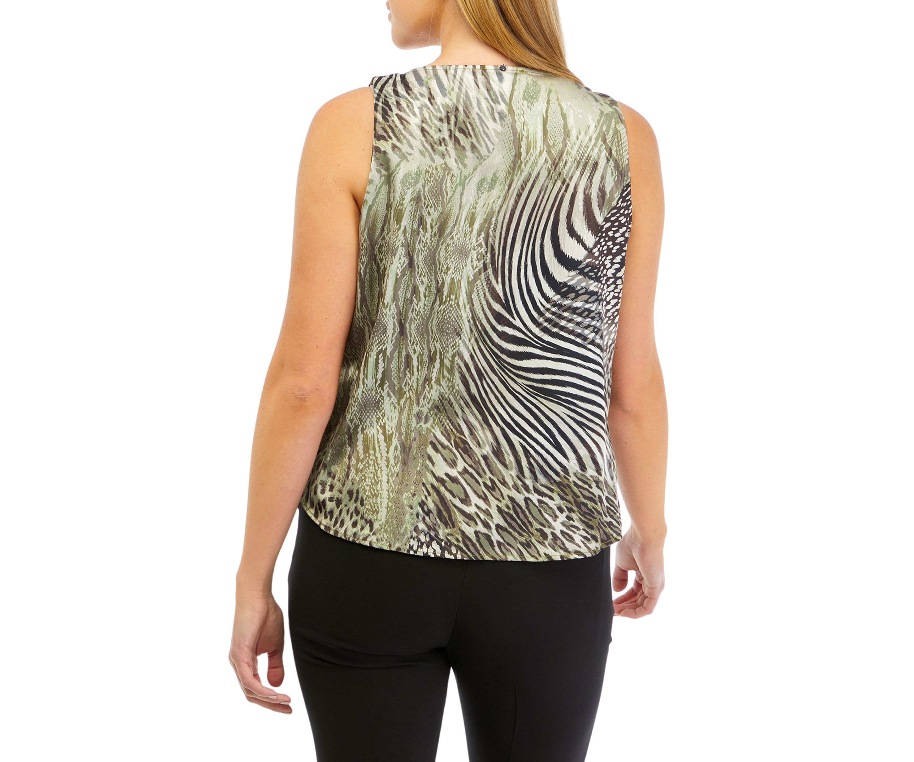 Womens Sleeveless Tiger Print Cowl Neck Satin Blouse