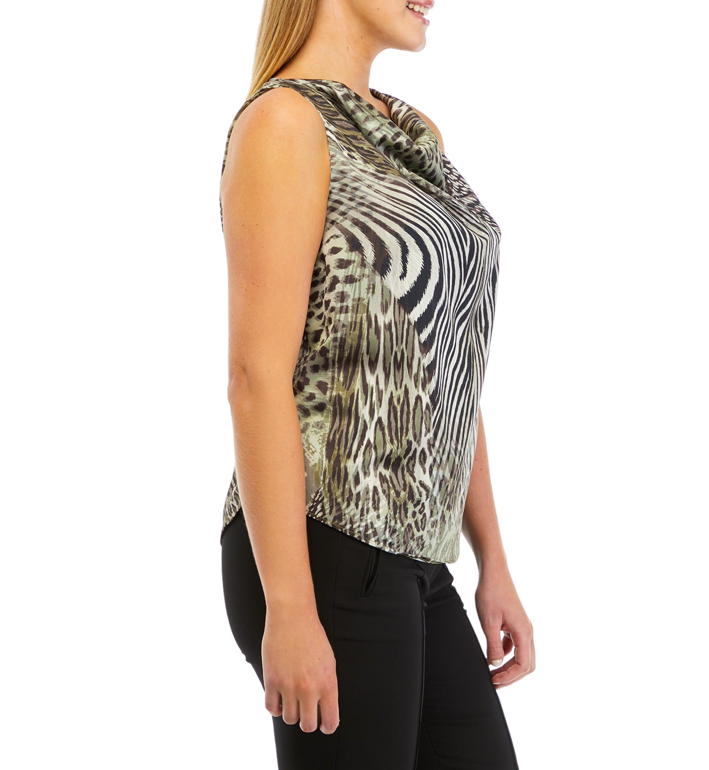 Womens Sleeveless Tiger Print Cowl Neck Satin Blouse