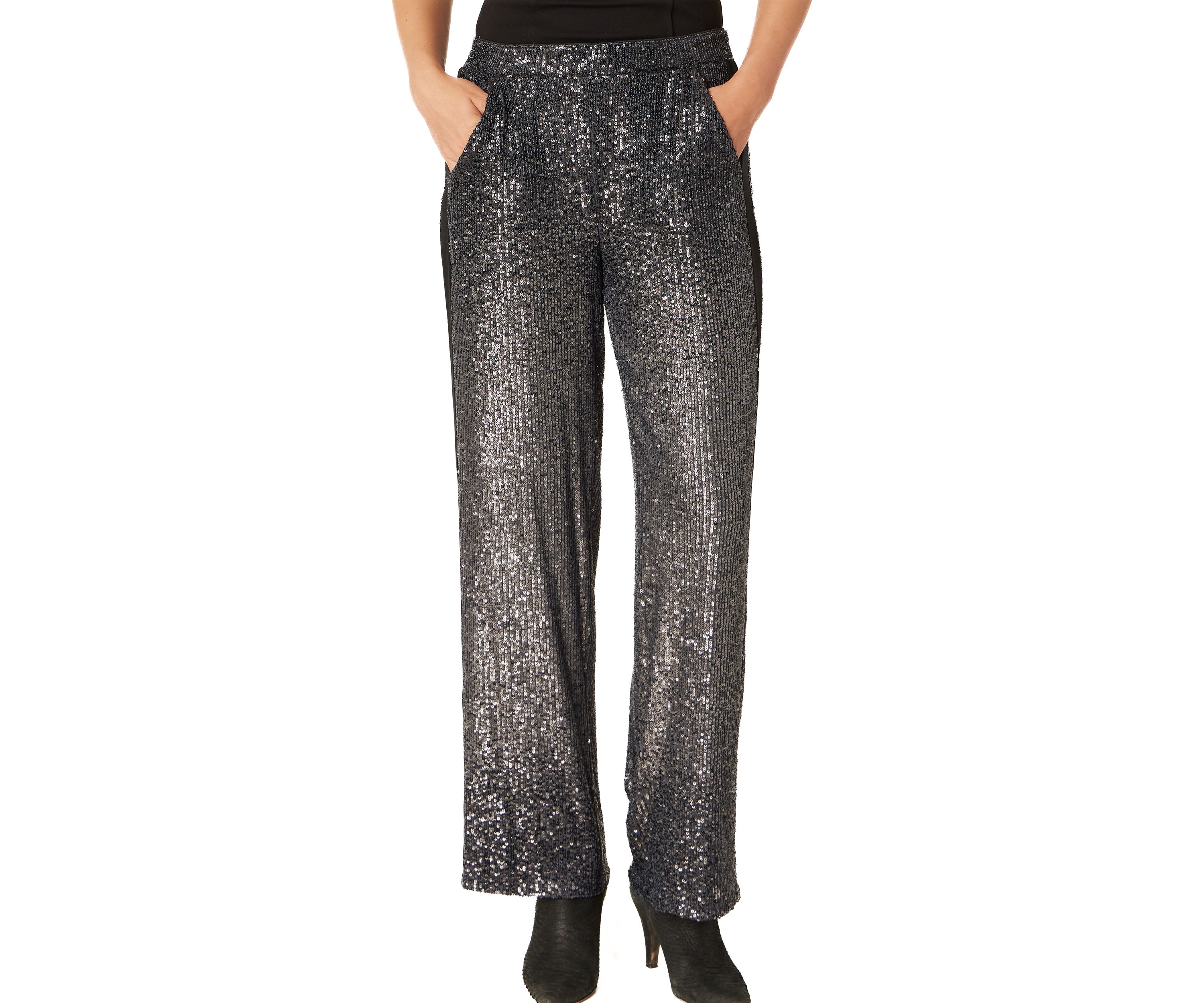 Womens Sequin Mix Wide Leg Pants