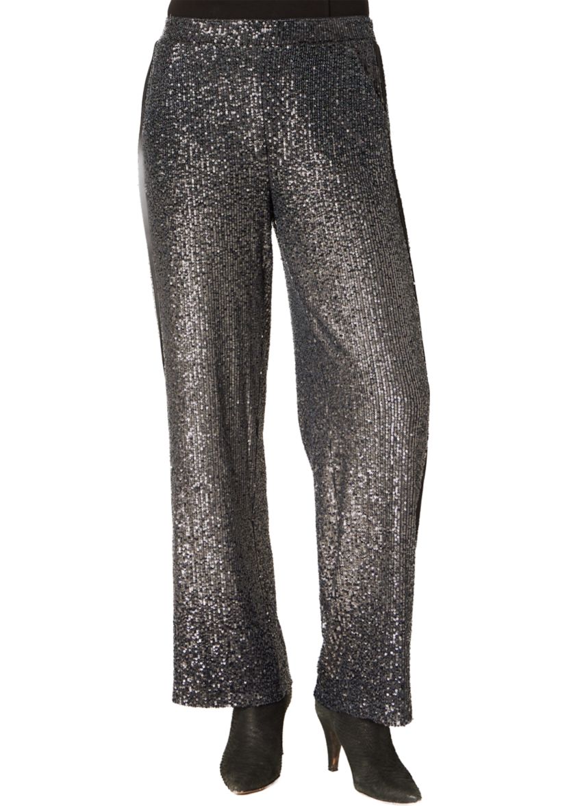 Womens Sequin Mix Wide Leg Pants