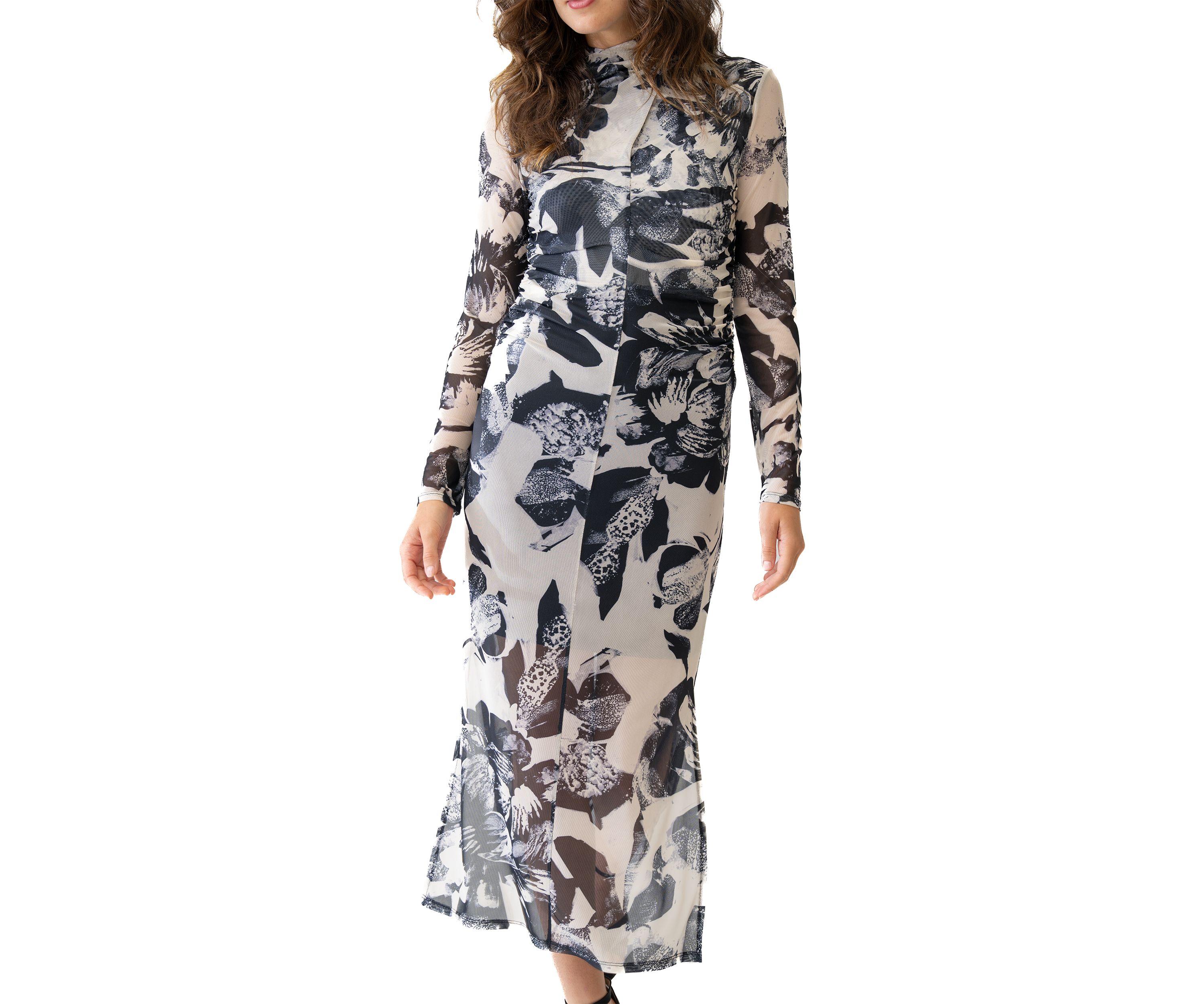 Womens Mock Neck Printed Mesh Dress