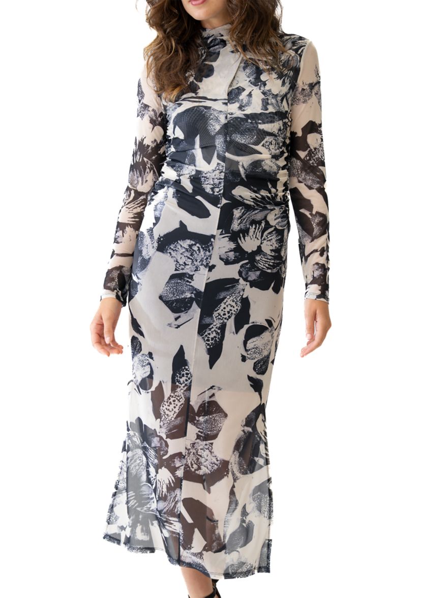Womens Mock Neck Printed Mesh Dress