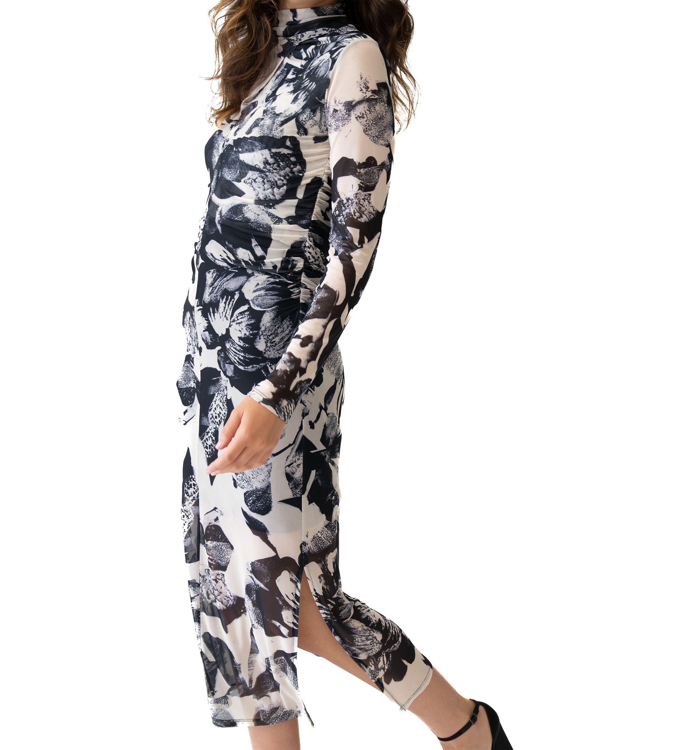 Womens Mock Neck Printed Mesh Dress