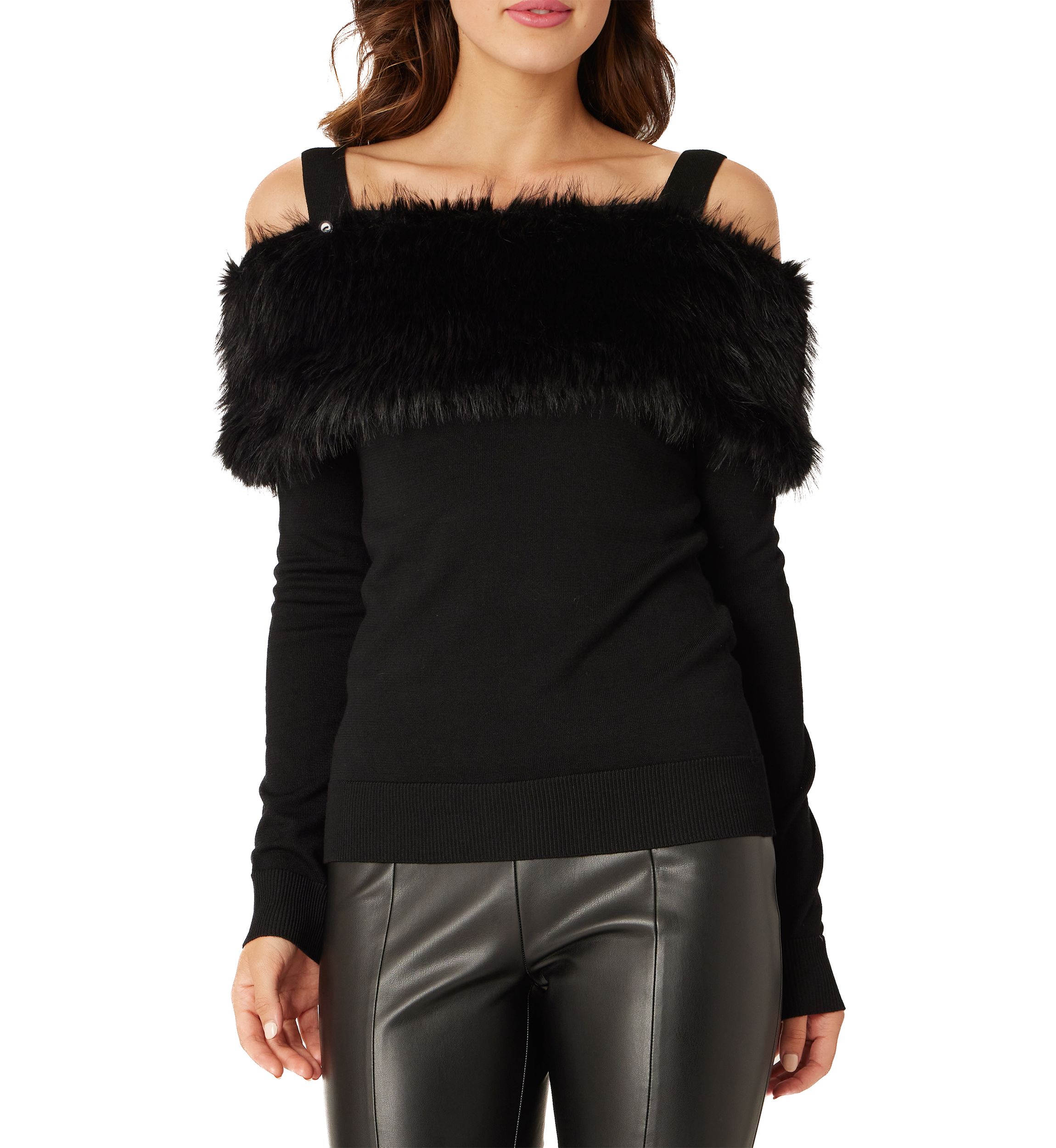 Womens Off the Shoulder Fur Trim Sweater