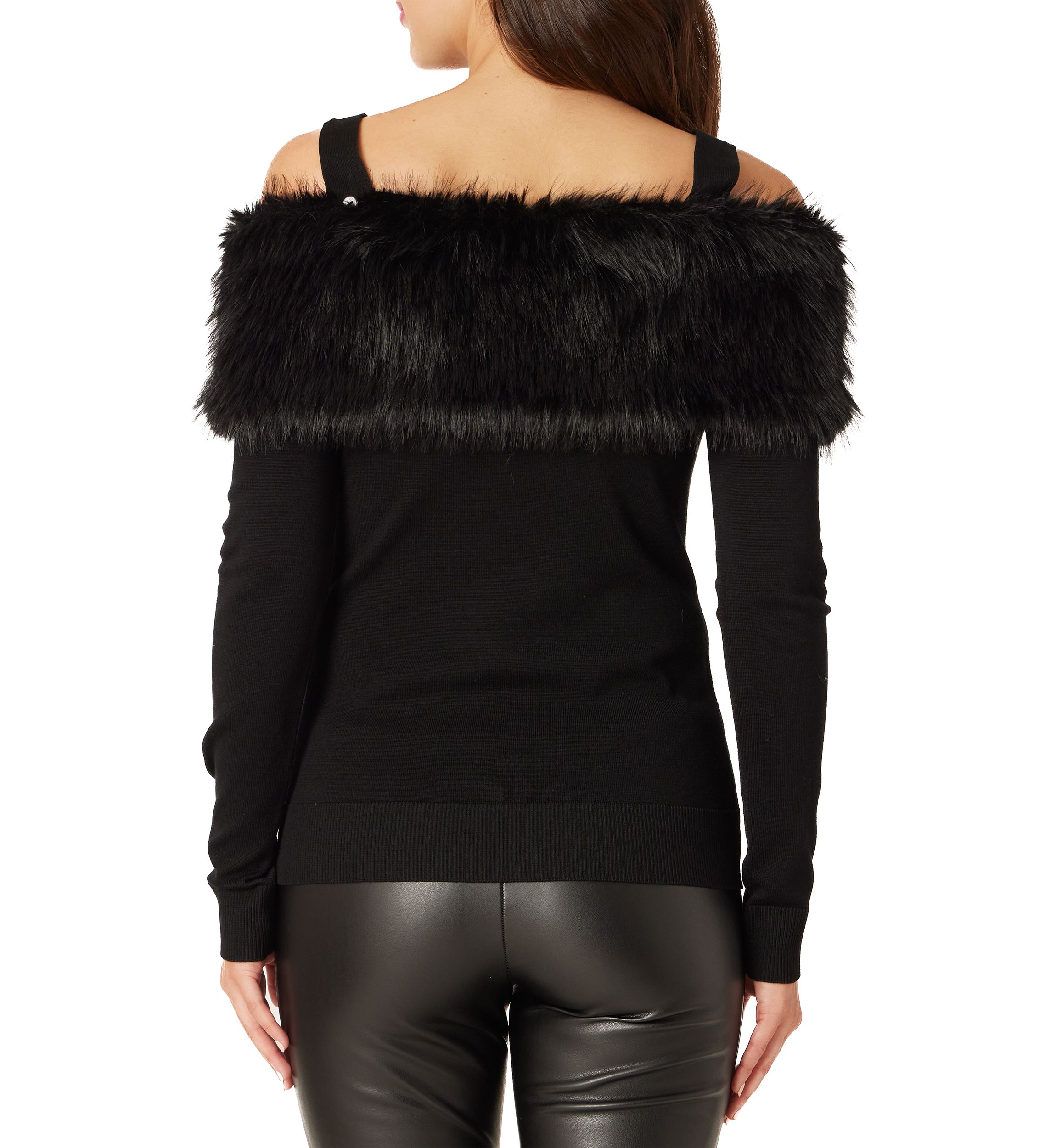 Womens Off the Shoulder Fur Trim Sweater