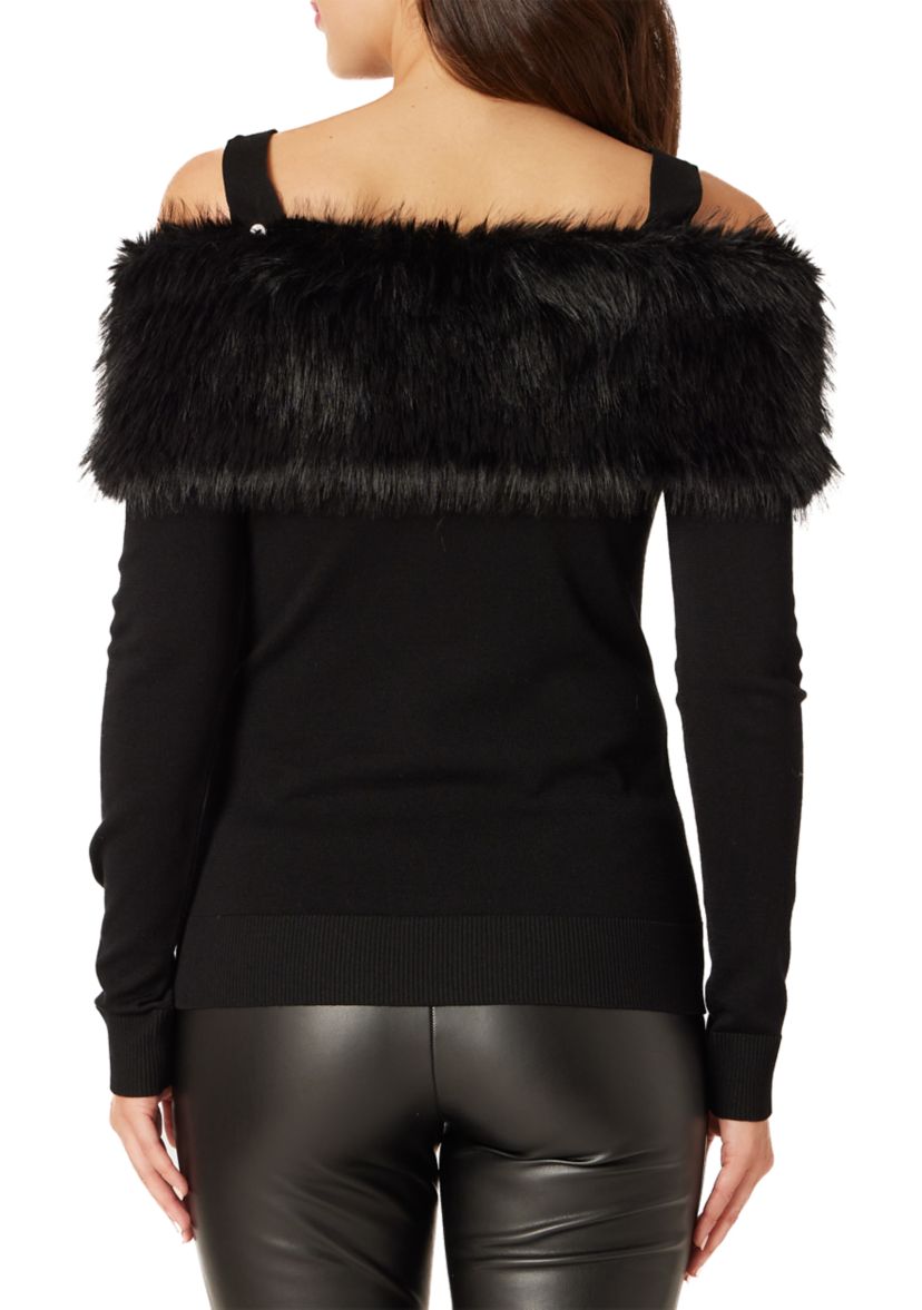 Womens Off the Shoulder Fur Trim Sweater