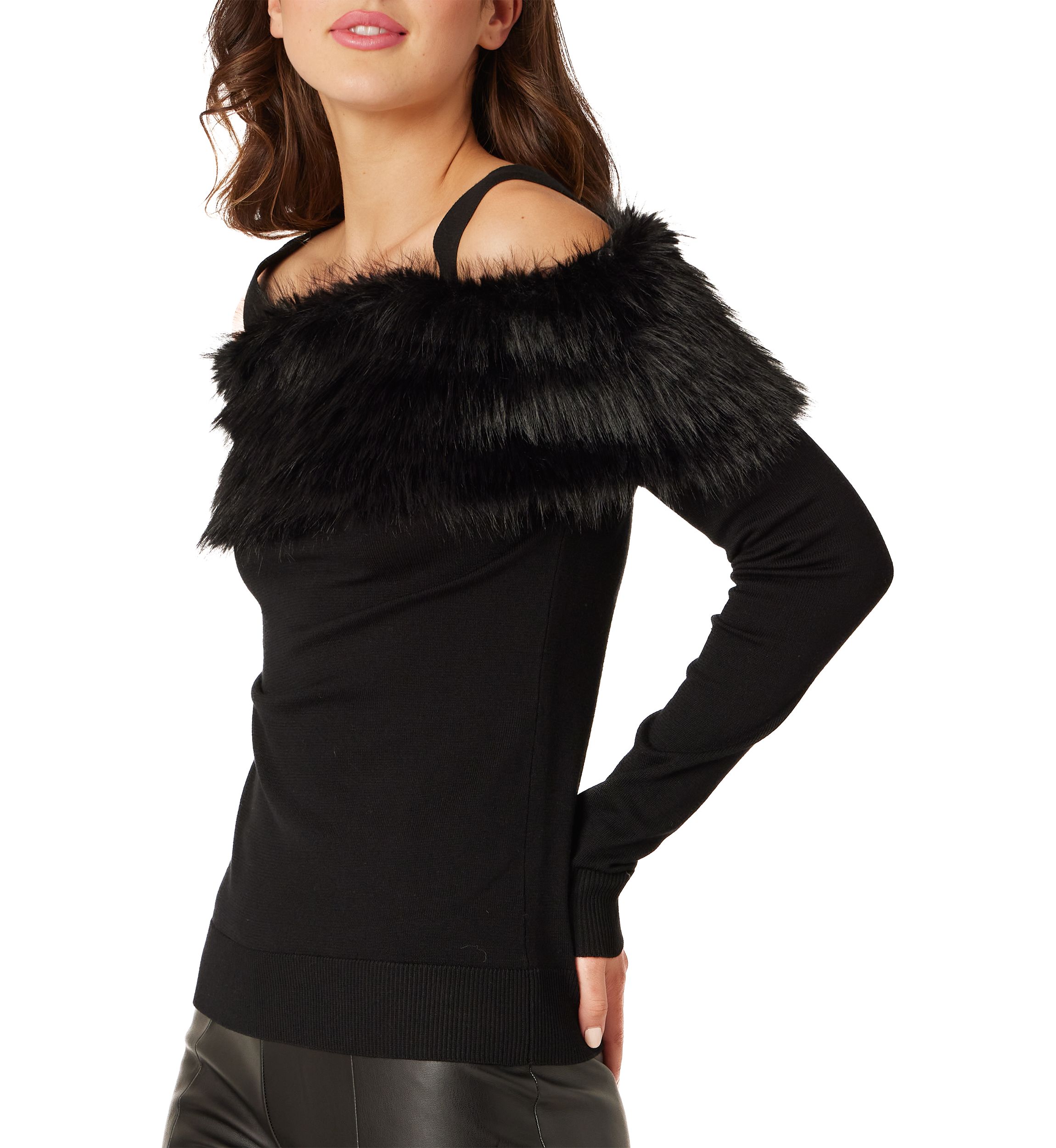 Womens Off the Shoulder Fur Trim Sweater