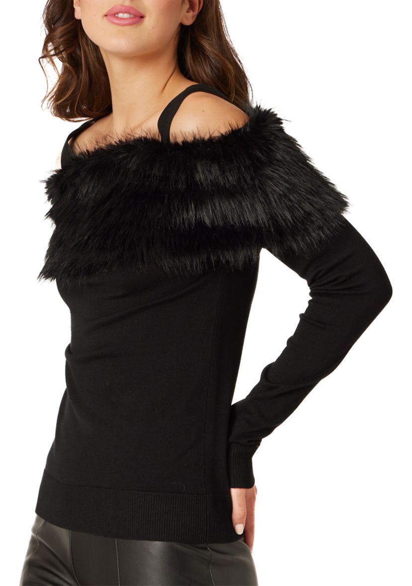Womens Off the Shoulder Fur Trim Sweater