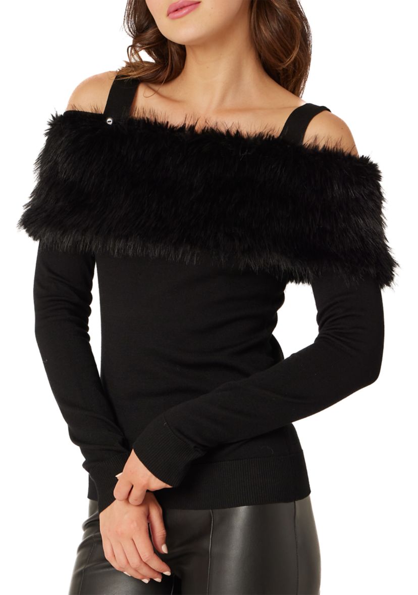 Womens Off the Shoulder Fur Trim Sweater