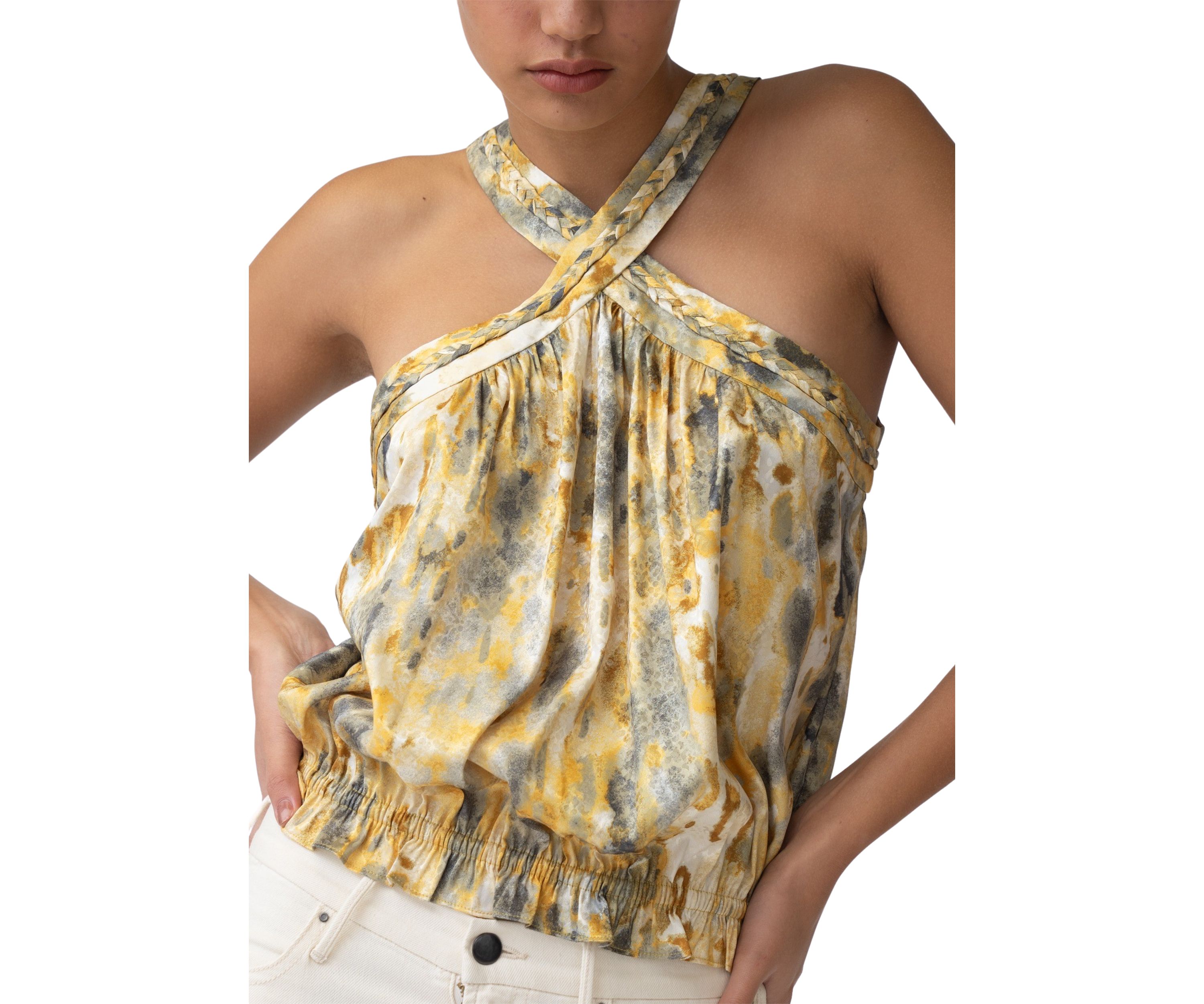 Womens Halter Smocked Printed Blouse
