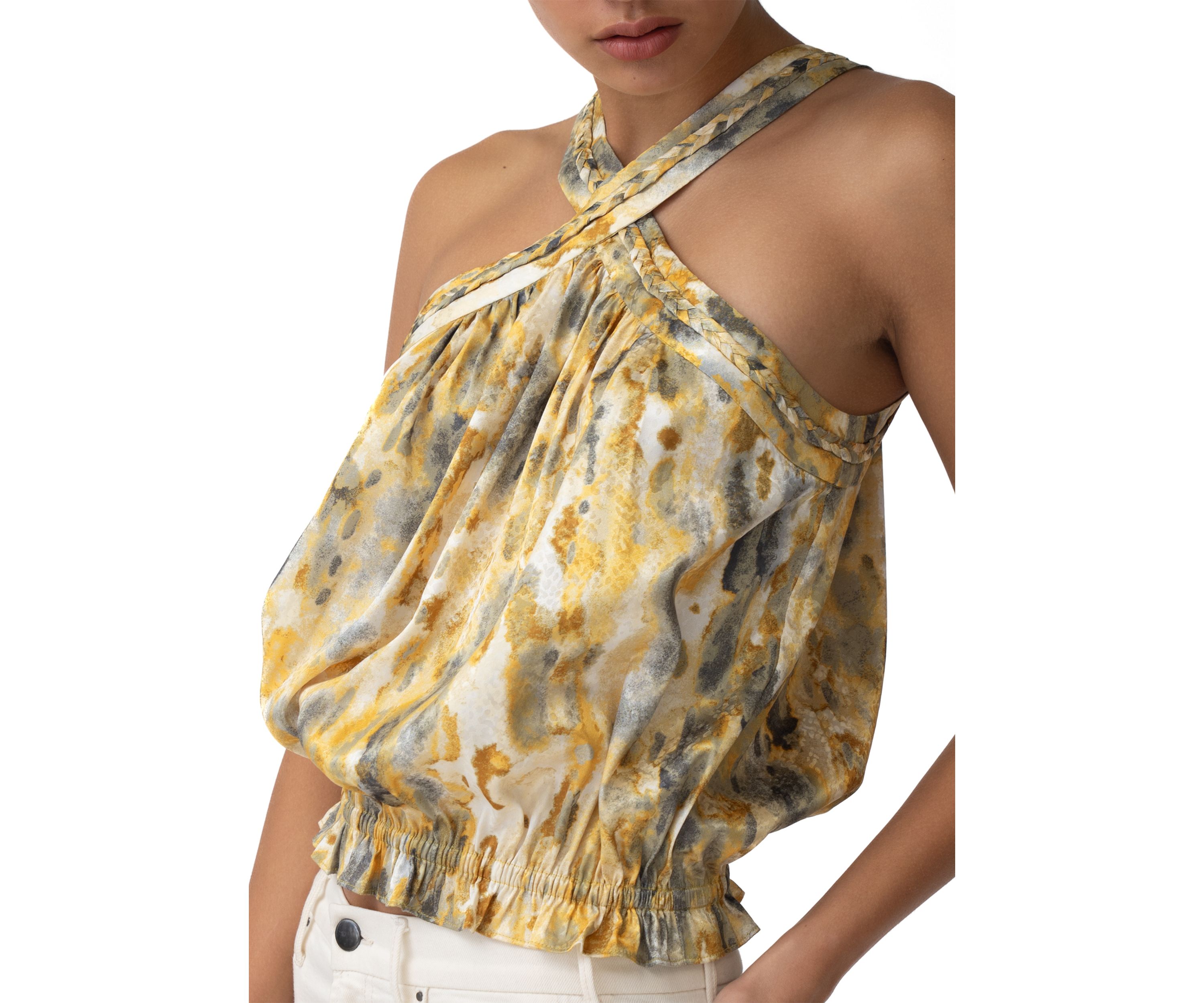 Womens Halter Smocked Printed Blouse