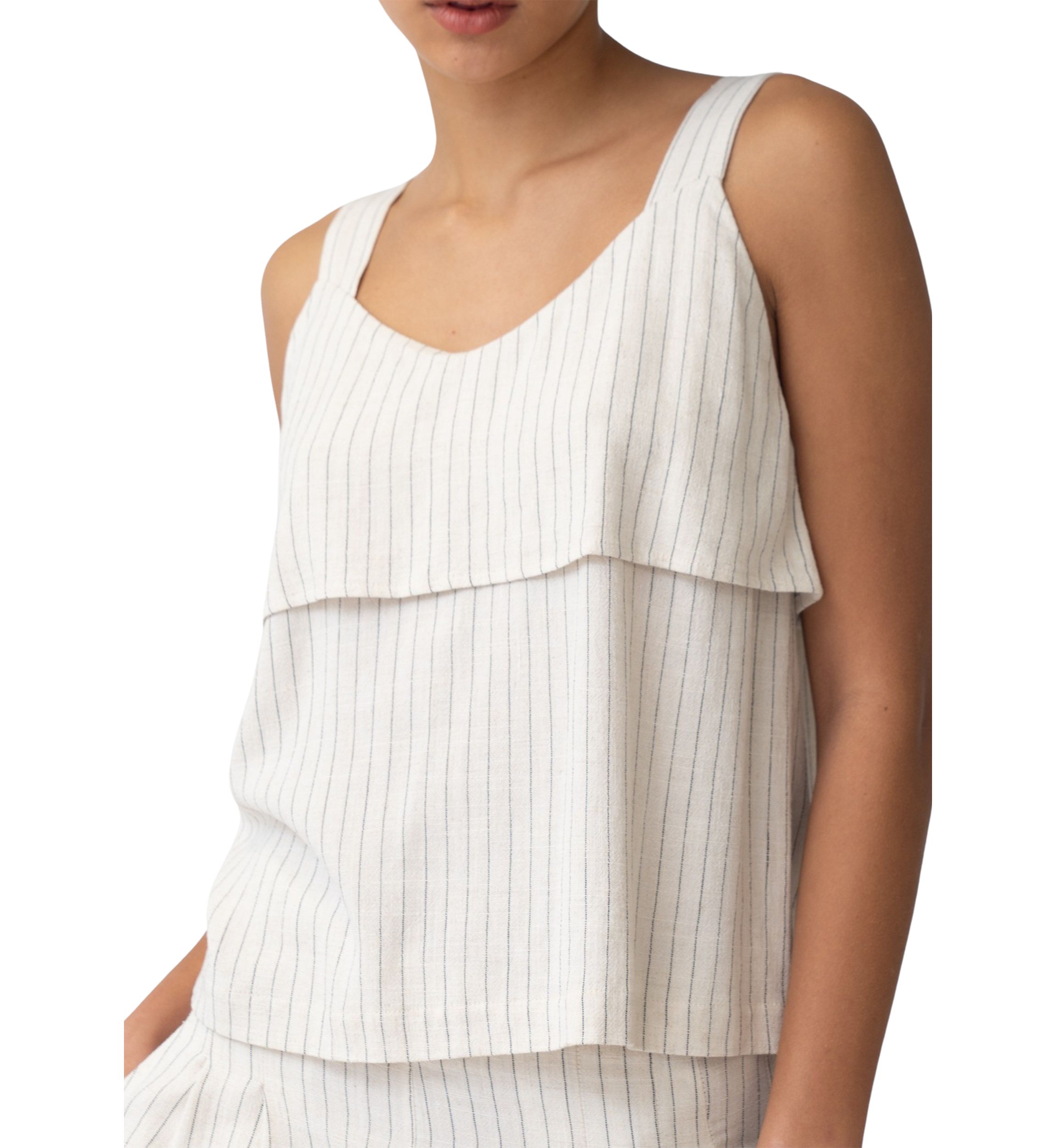 Womens Pintstripe Ruffle Layered Tank Top