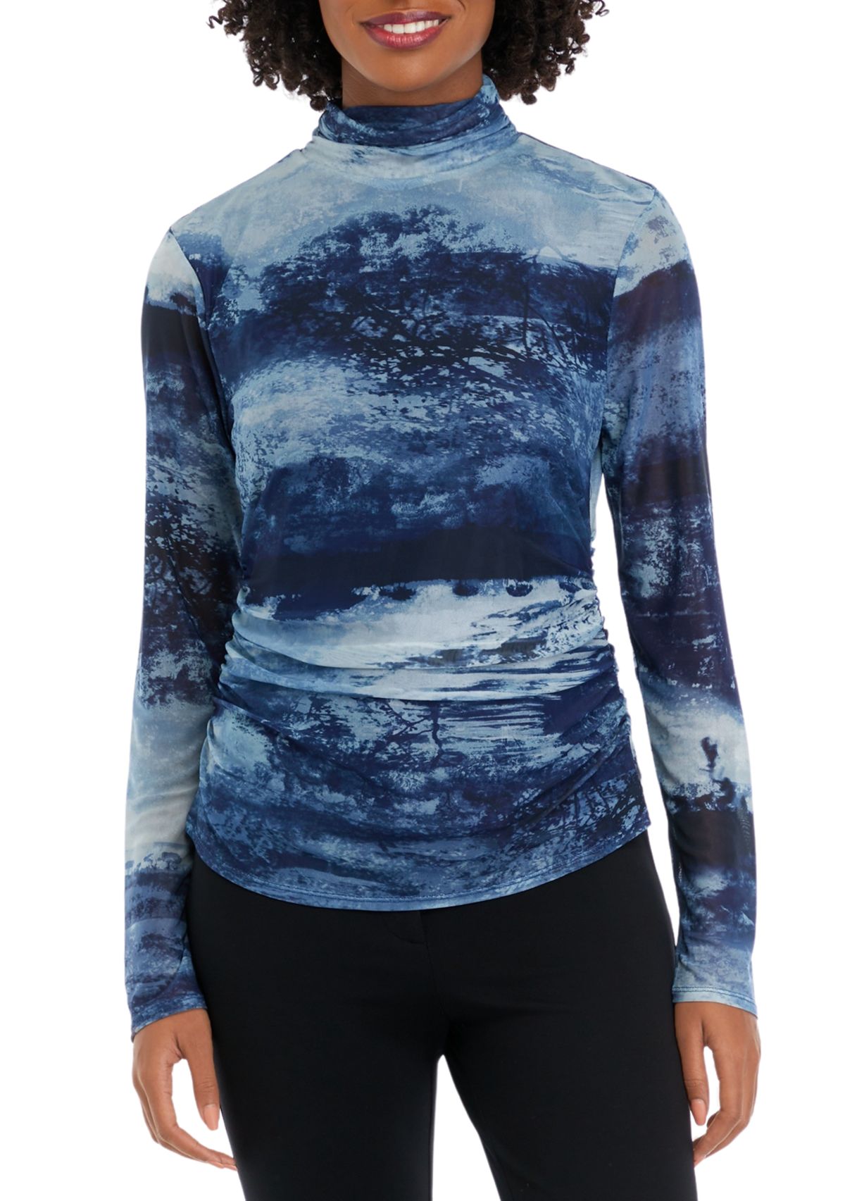 Womens Mesh Turtleneck Printed Top