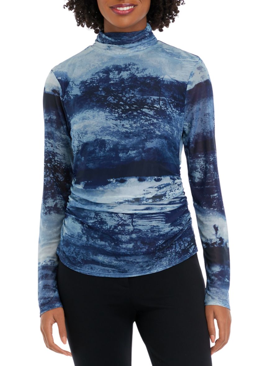 Womens Mesh Turtleneck Printed Top