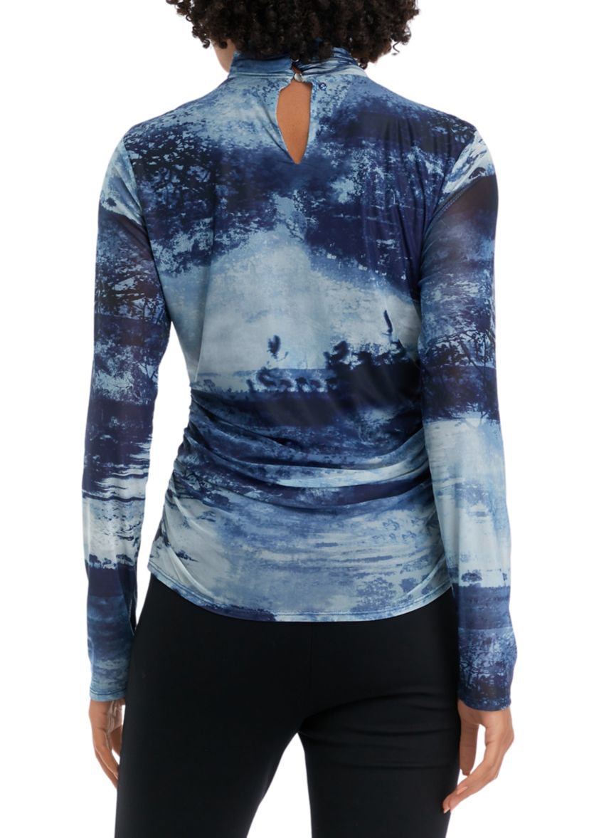Womens Mesh Turtleneck Printed Top