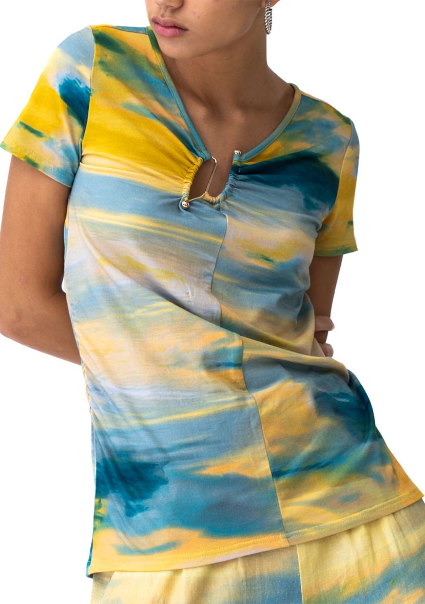 Womens Split Neck Hardware Printed Knit Blouse