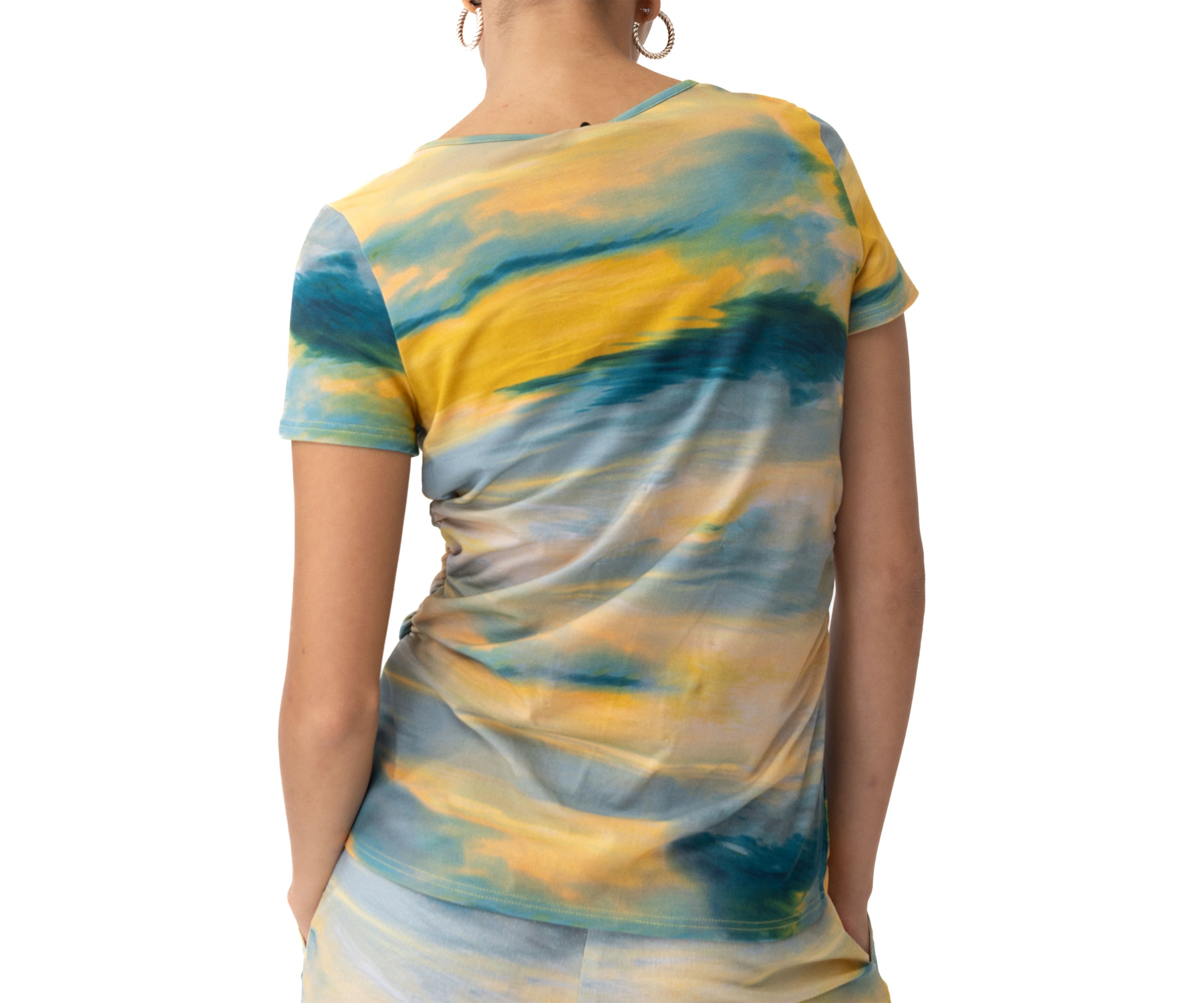 Womens Split Neck Hardware Printed Knit Blouse