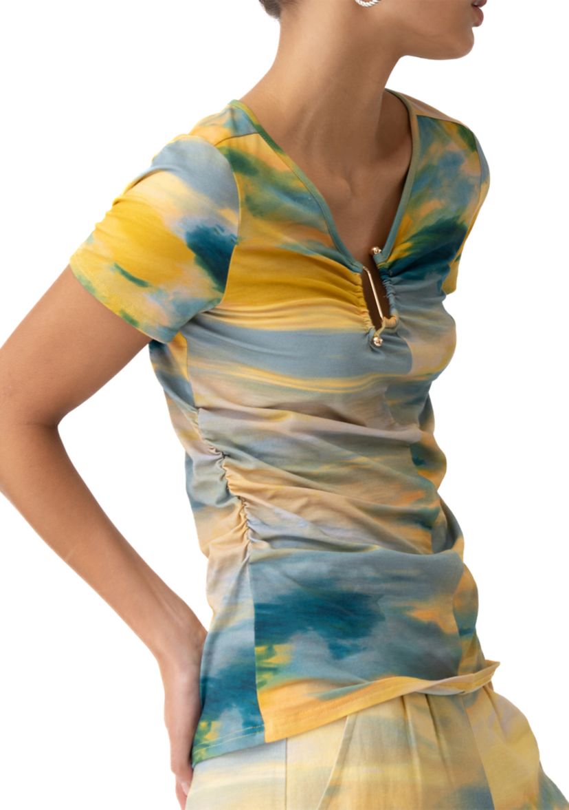 Womens Split Neck Hardware Printed Knit Blouse