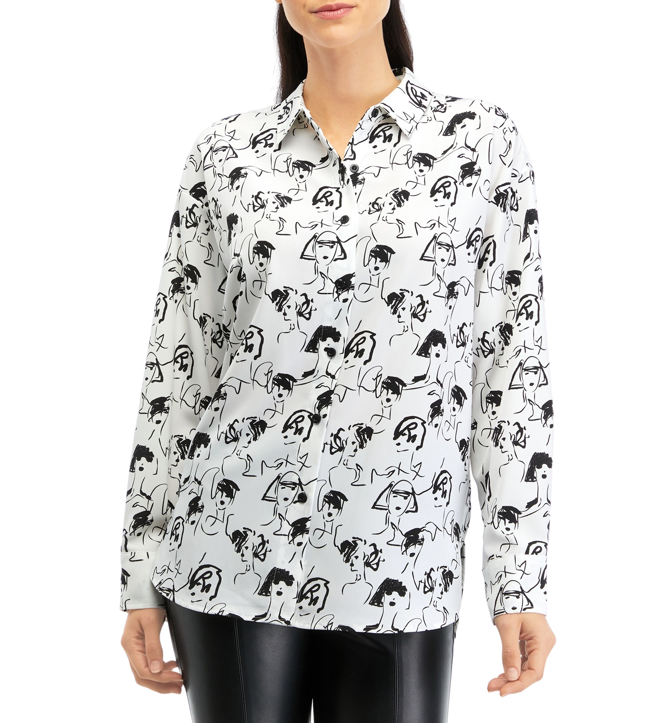 Womens Long Sleeve Lady Print Oversized Silky Crepe Top