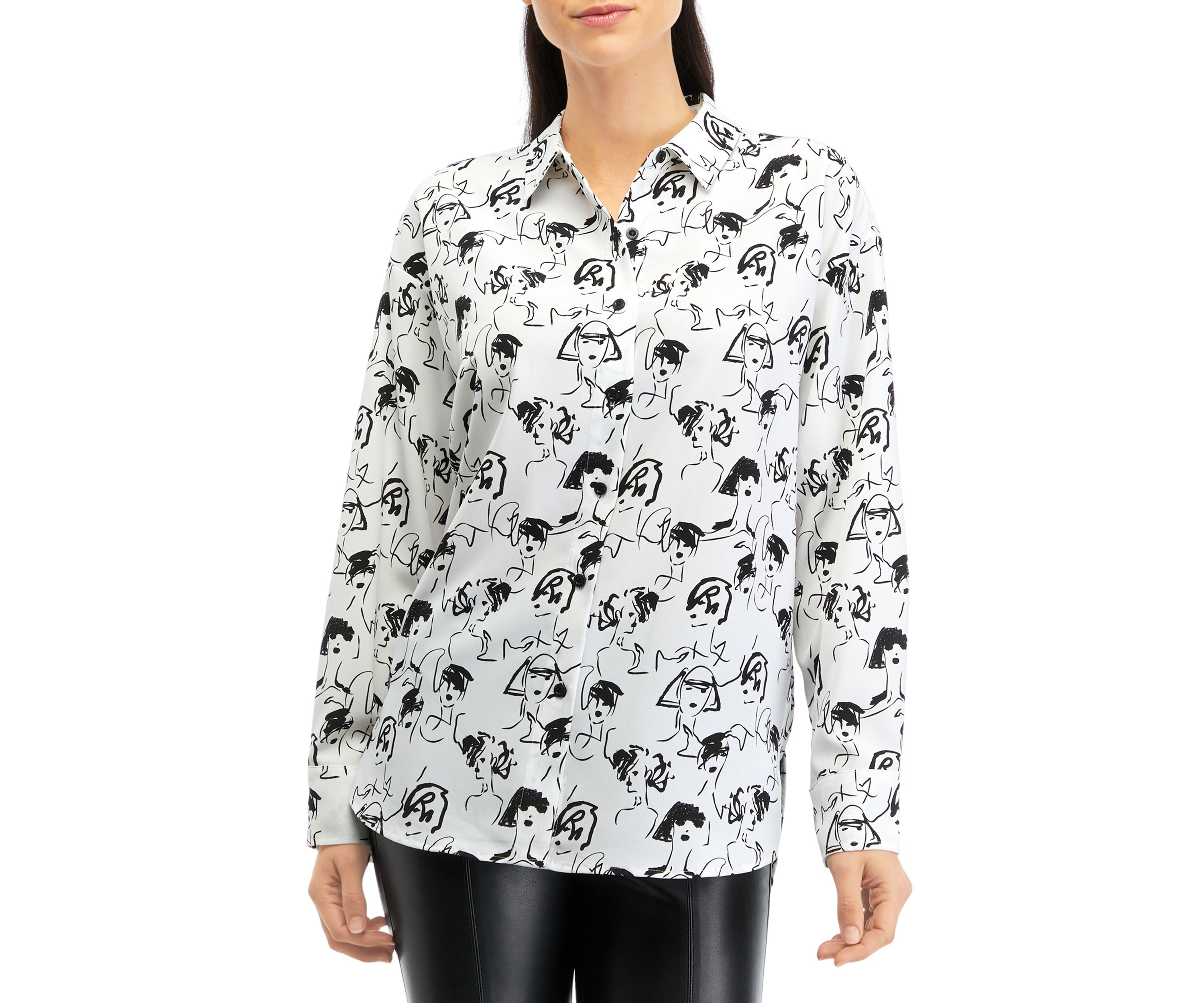 Womens Long Sleeve Lady Print Oversized Silky Crepe Top