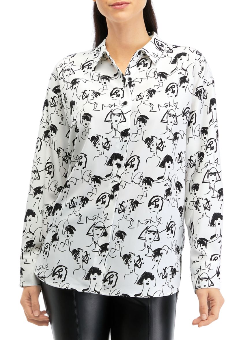 Womens Long Sleeve Lady Print Oversized Silky Crepe Top